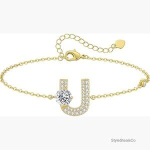 Adjustable Dainty Initial Bracelet with Cubic Zirconia Charm Stainless Steel